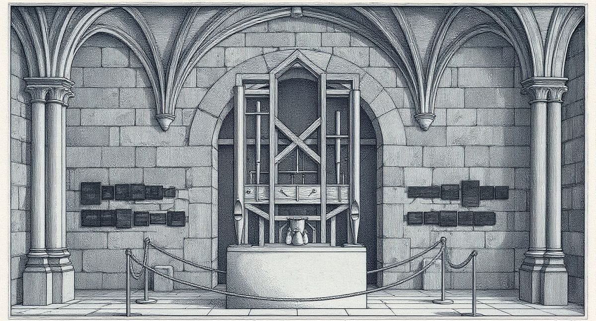A small wooden organ stands on a plinth in a roped-off area within a worn brick cathedral.