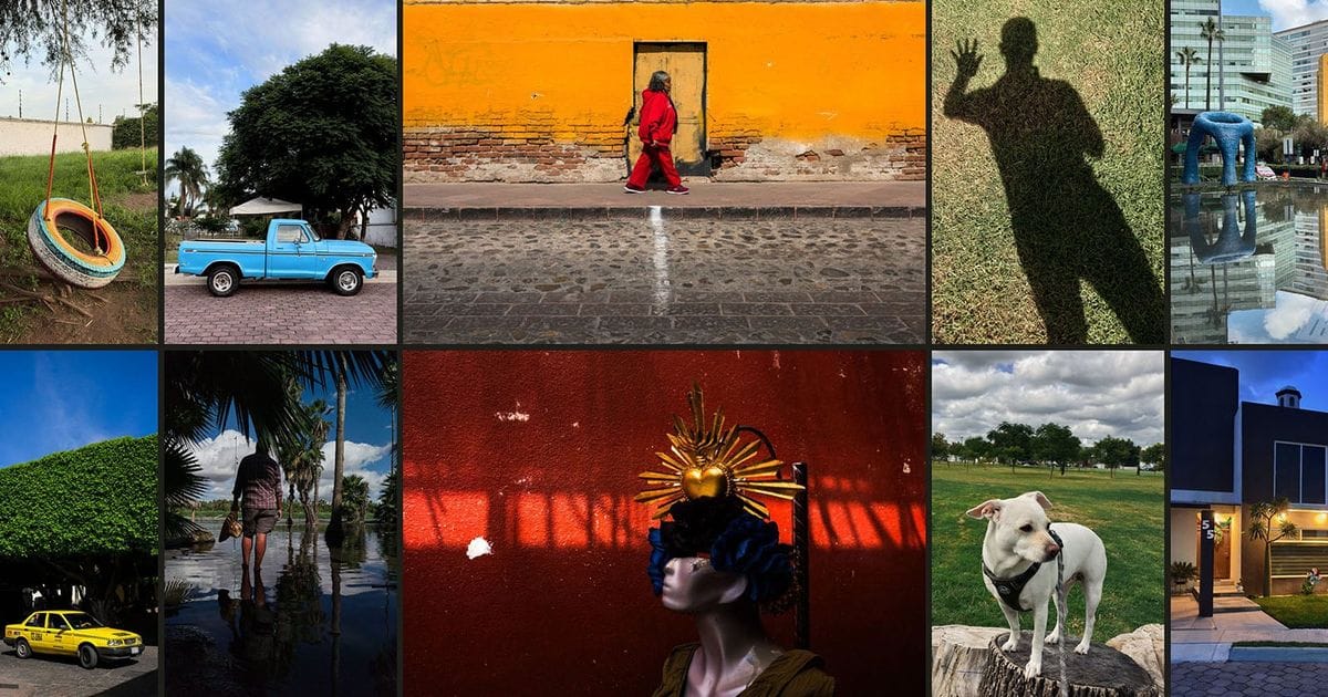 A collage of ten photos featuring a tire swing, a blue pickup truck, a person in red walking by a yellow wall, a shadow on grass, a blue sculpture, a yellow taxi, a person standing in water, a mannequin head, a white dog, and a modern house.